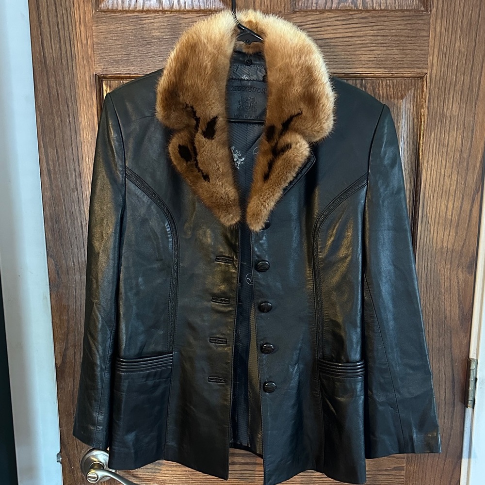 Women's Black Leather Jacket with Brown Fur Collar made in Italy.